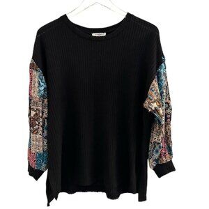 UMGEE | Black Waffle Knit Geometric Print Top Size Small
